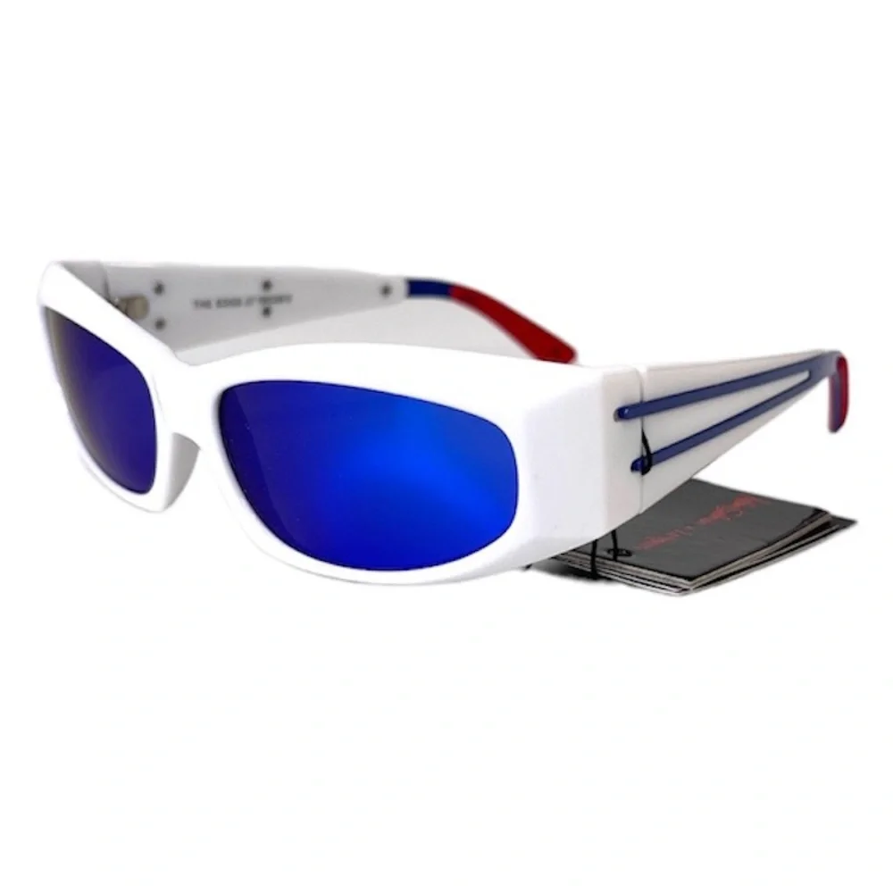 LE SPECS Adam Selman The Edge Sunglasses NEW White WIth Blue Mirror Lenses